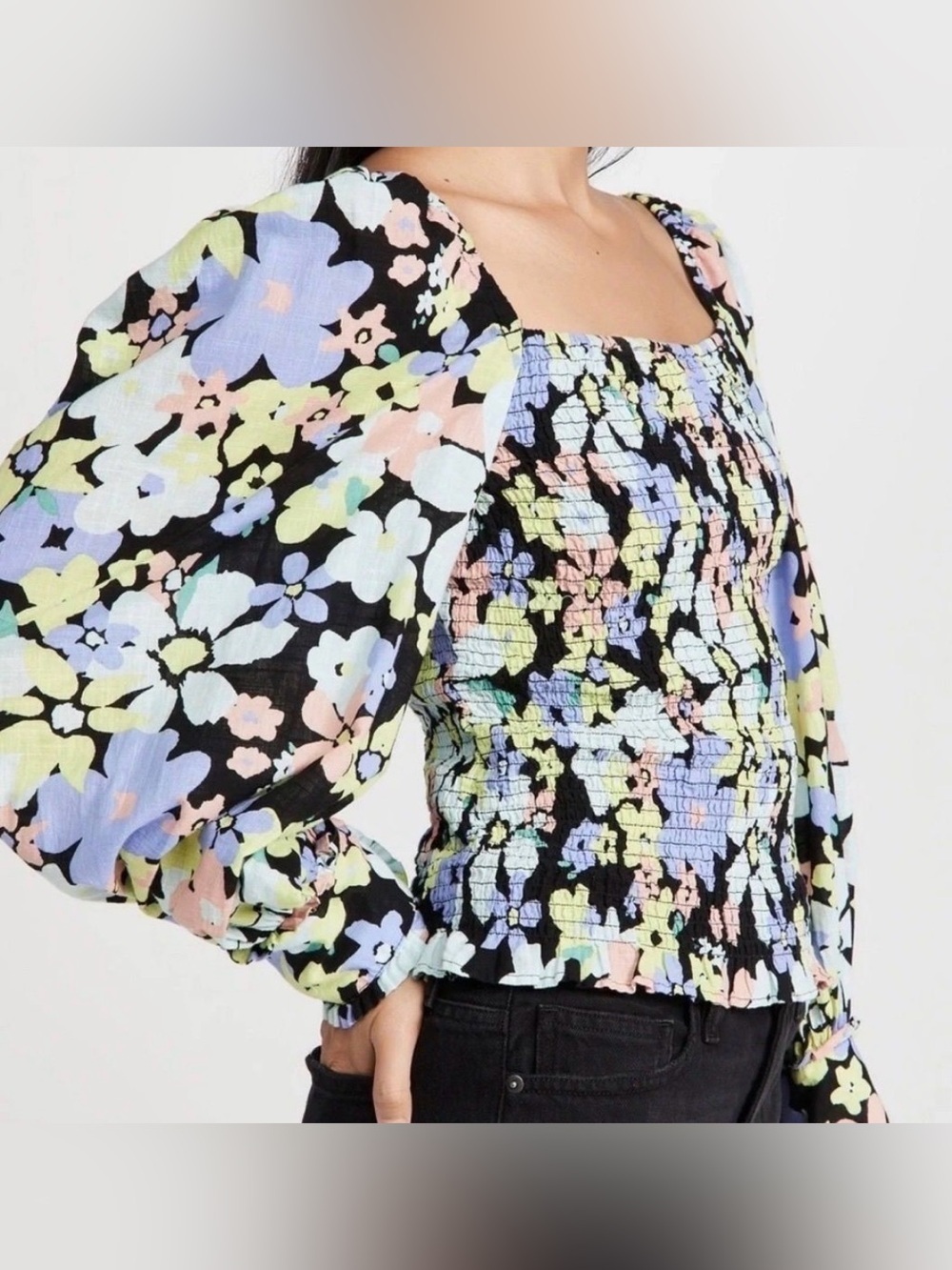 Free People Ariana Floral Smocked Puff Sleeve Top Black Multi Sz L Boho Festival